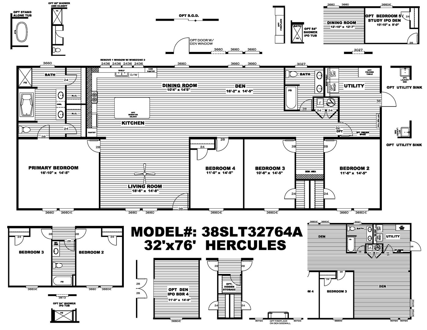 The HERCULES Floor Plan. This Manufactured Mobile Home features 4 bedrooms and 2 baths.