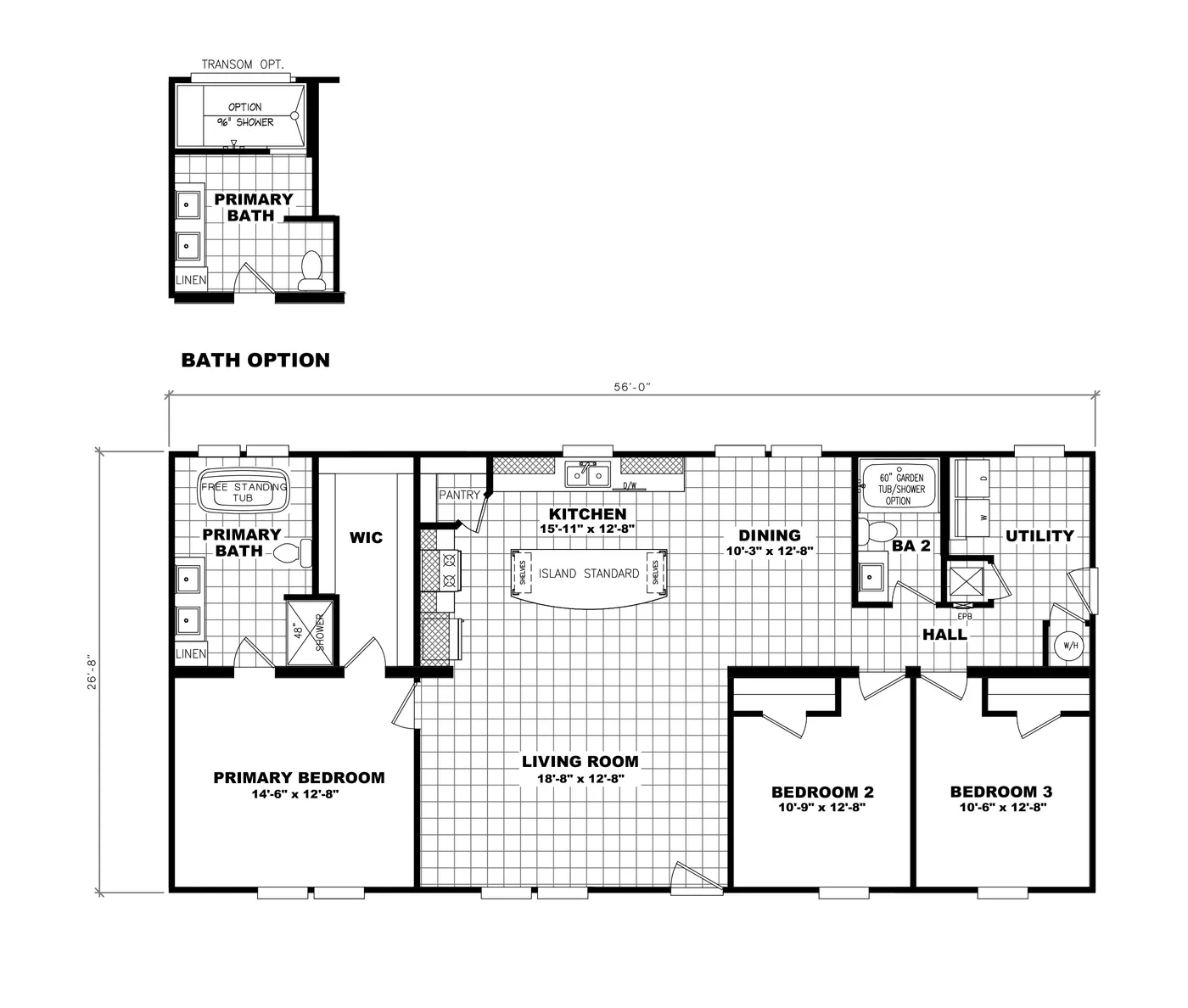 The 3542 MOD 56X28 CAVALIER SELECT Floor Plan. This Modular Home features 3 bedrooms and 2 baths.