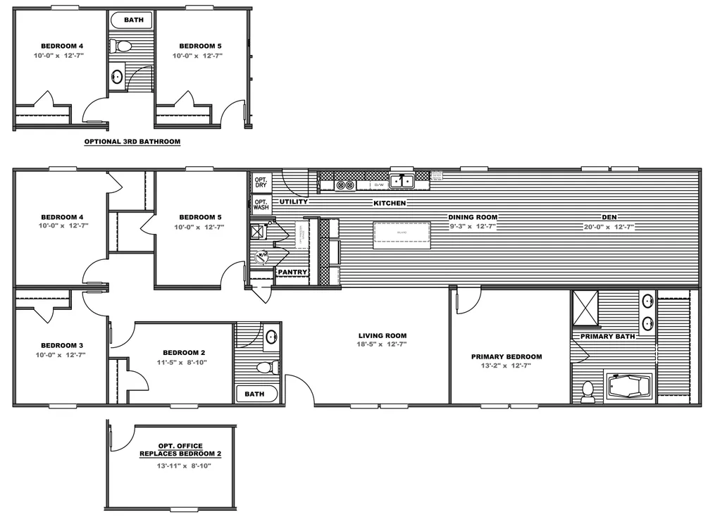 The THE EAGLE 76 Floor Plan. This Manufactured Mobile Home features 5 bedrooms and 2 baths.