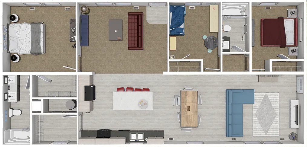 The 5628-E787 THE PULSE Floor Plan. This Manufactured Mobile Home features 3 bedrooms and 2 baths.