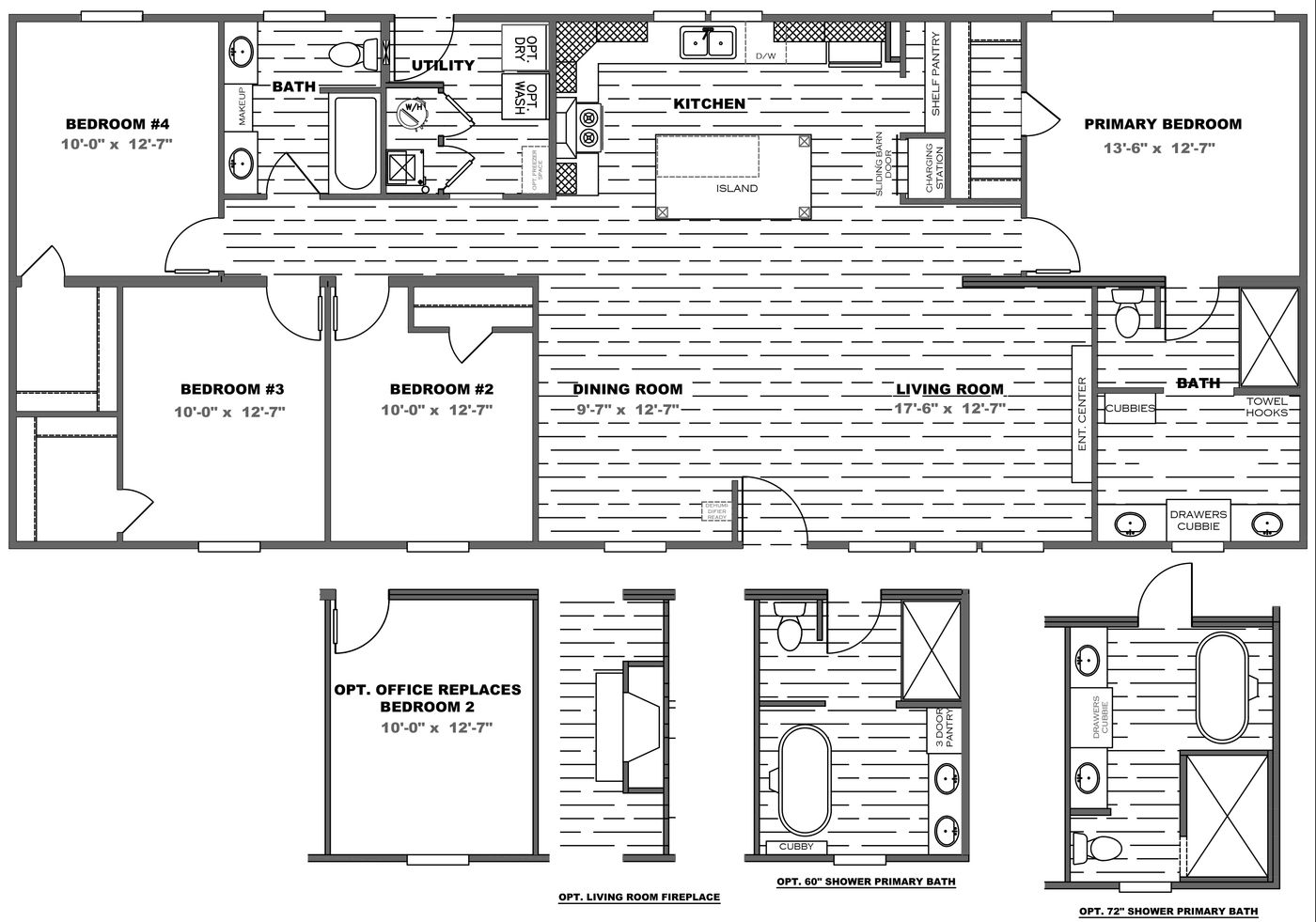 The ISLAND BREEZE 64 Floor Plan. This Manufactured Mobile Home features 4 bedrooms and 2 baths.