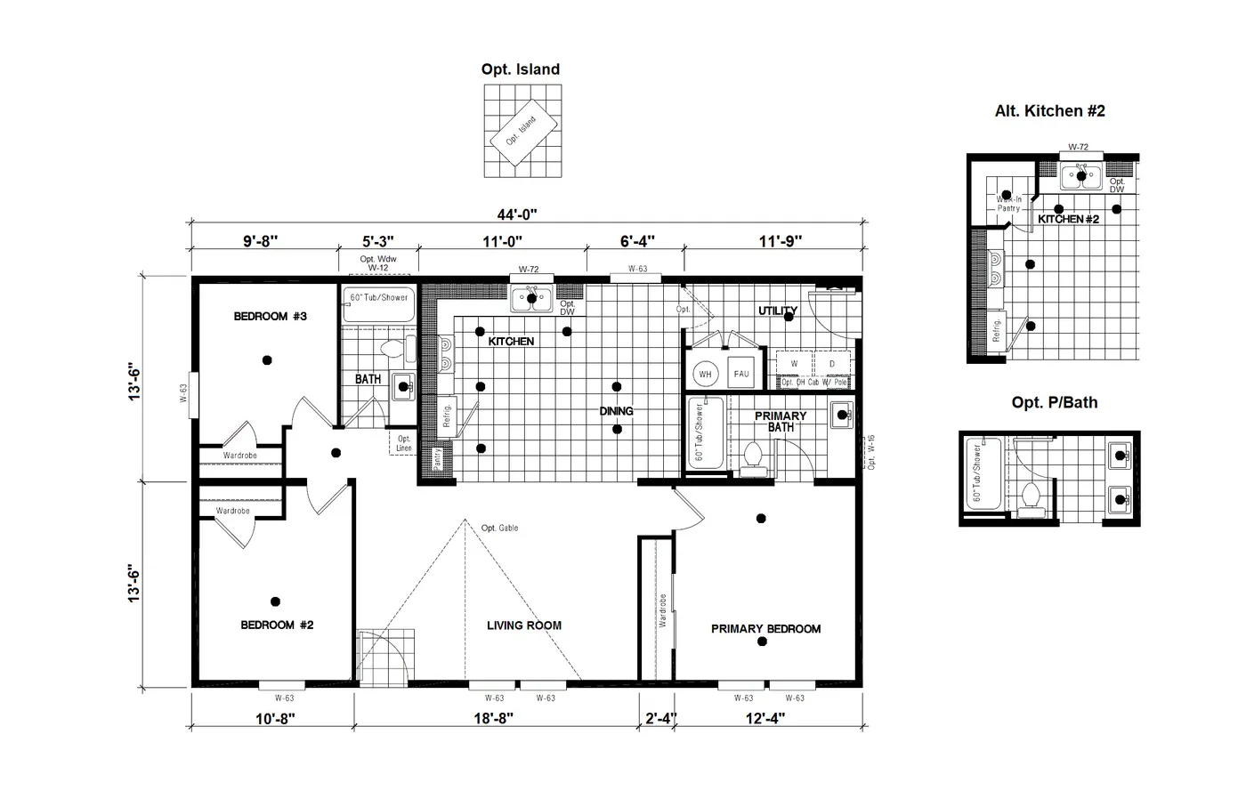 The DRM443F 44'              DREAM Floor Plan. This Manufactured Mobile Home features 3 bedrooms and 2 baths.