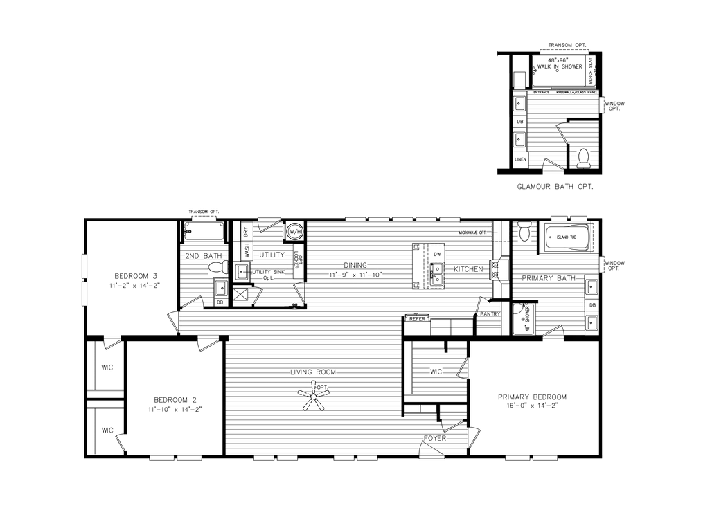 The PLATINUM 6401 MOD Floor Plan. This Modular Home features 3 bedrooms and 2 baths.