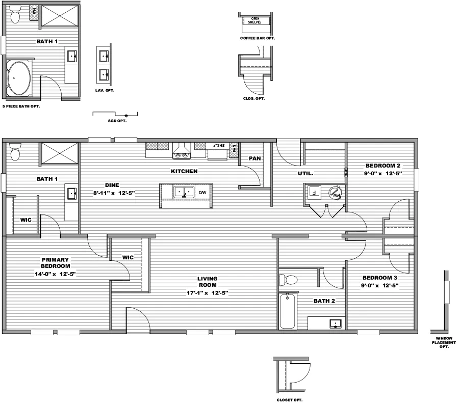 The REVEAL Floor Plan. This Manufactured Mobile Home features 3 bedrooms and 2 baths.