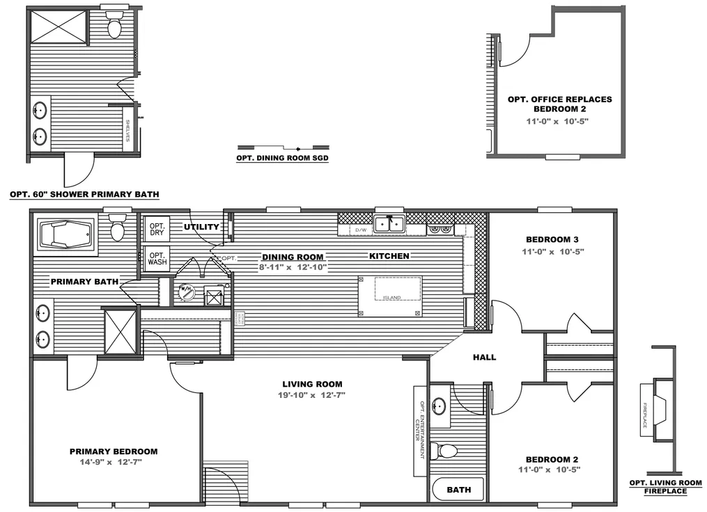 The TRADITION 52B Floor Plan. This Manufactured Mobile Home features 3 bedrooms and 2 baths.