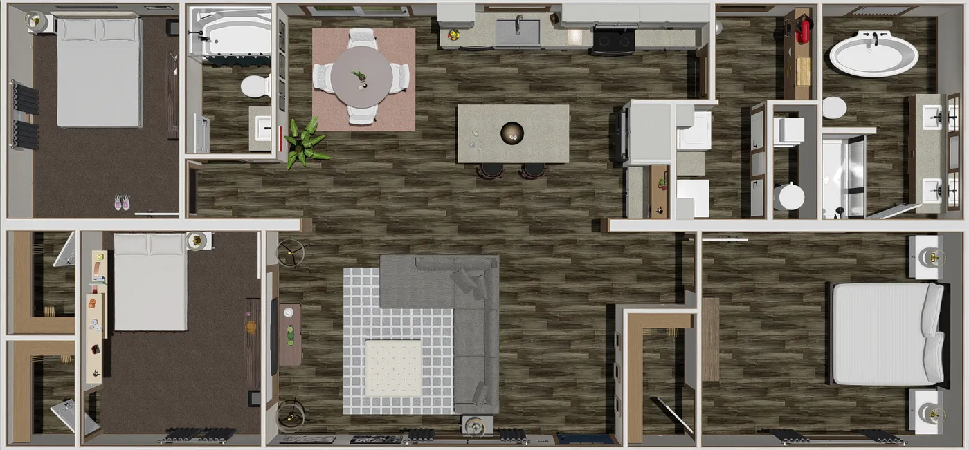 The THE LIZZIE Floor Plan. This Manufactured Mobile Home features 3 bedrooms and 2 baths.