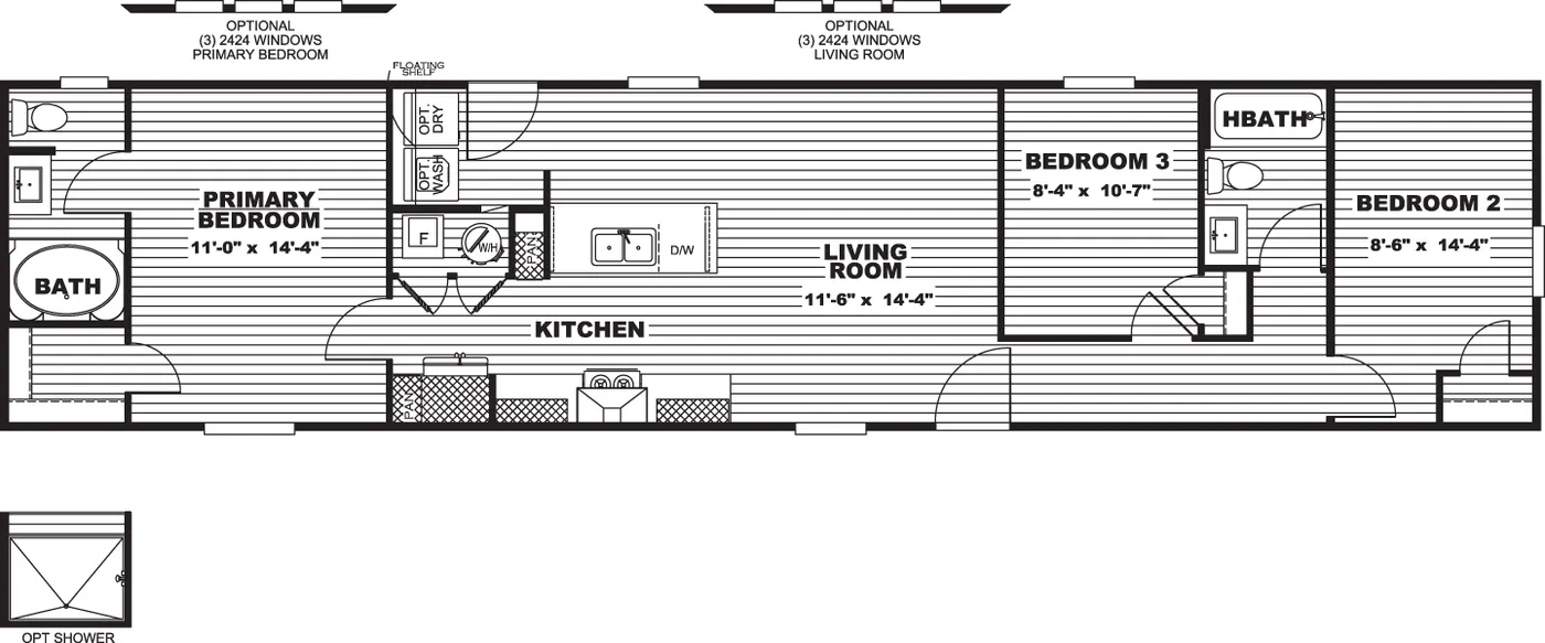 The CLARK Floor Plan. This Manufactured Mobile Home features 3 bedrooms and 2 baths.