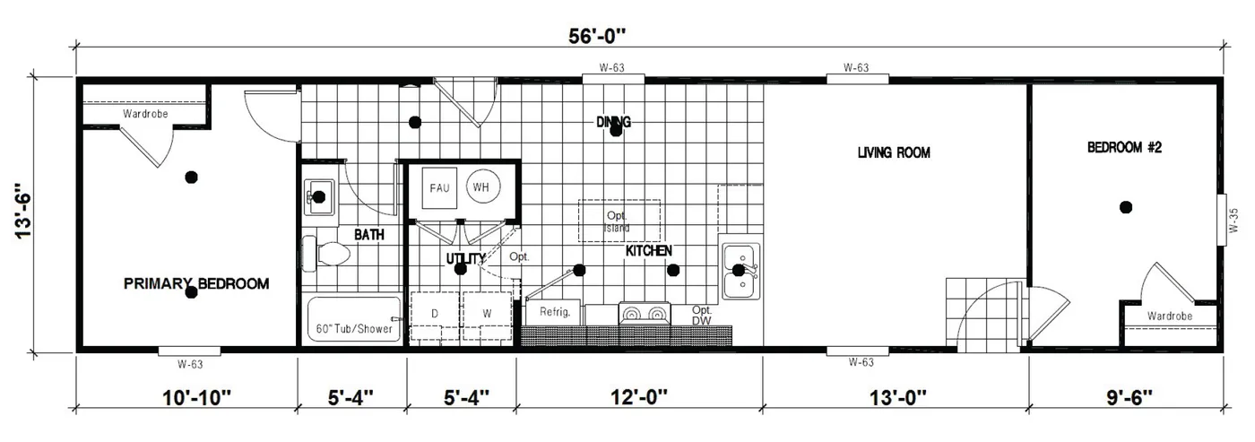 The DRM561M 56'              DREAM Floor Plan. This Manufactured Mobile Home features 2 bedrooms and 1 bath.