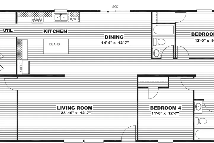 The TRIUMPH Floor Plan. This Manufactured Mobile Home features 5 bedrooms and 3 baths.