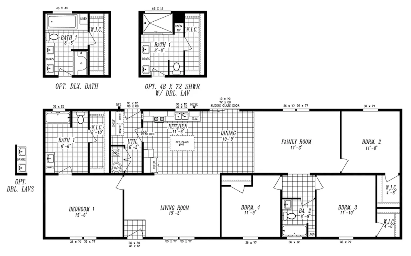 The 2035 COLUMBIA RIVER (NEW) Floor Plan. This Manufactured Mobile Home features 4 bedrooms and 2 baths.