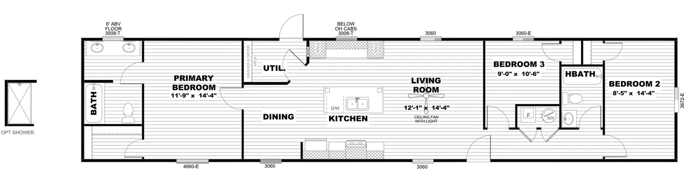 The SELECT 16723B Floor Plan. This Manufactured Mobile Home features 3 bedrooms and 2 baths.