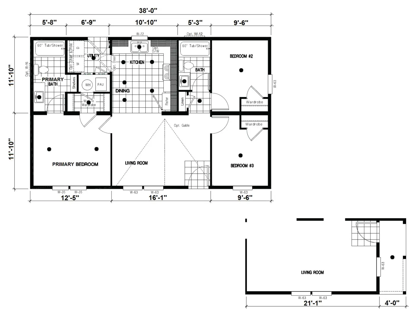 The DRM385A 2438' DREAM Floor Plan. This Manufactured Mobile Home features 3 bedrooms and 2 baths.