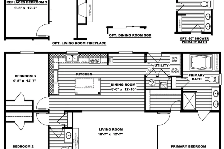 The TRADITION 48 Floor Plan. This Manufactured Mobile Home features 3 bedrooms and 2 baths.