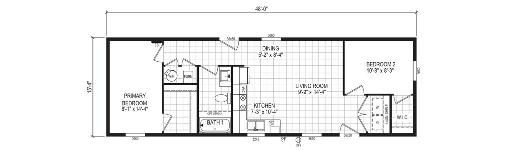 The 4816-E790 THE PULSE Floor Plan. This Manufactured Mobile Home features 2 bedrooms and 1 bath.