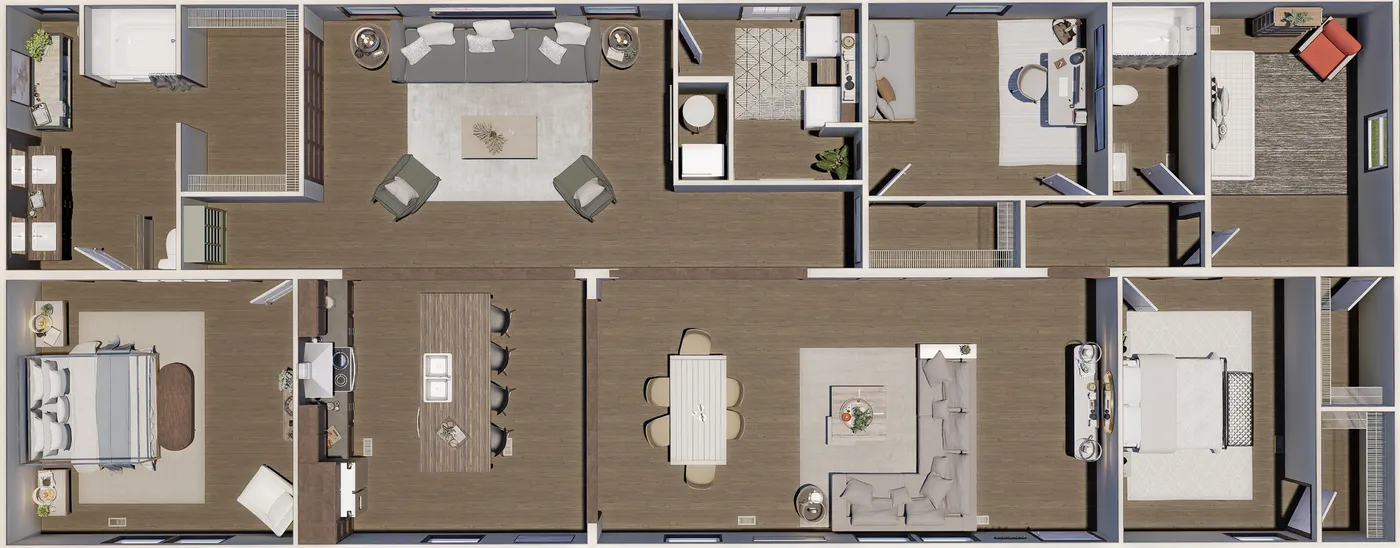 The EVEREST Floor Plan. This Manufactured Mobile Home features 4 bedrooms and 2 baths.