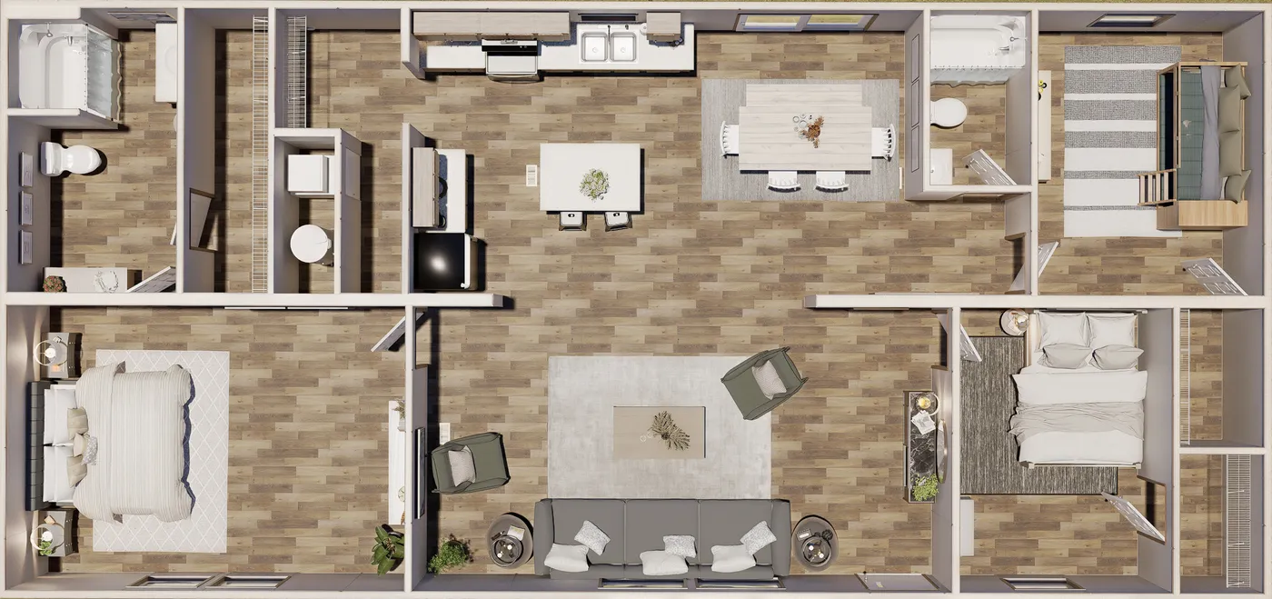 The SPRUCE Floor Plan. This Manufactured Mobile Home features 3 bedrooms and 2 baths.