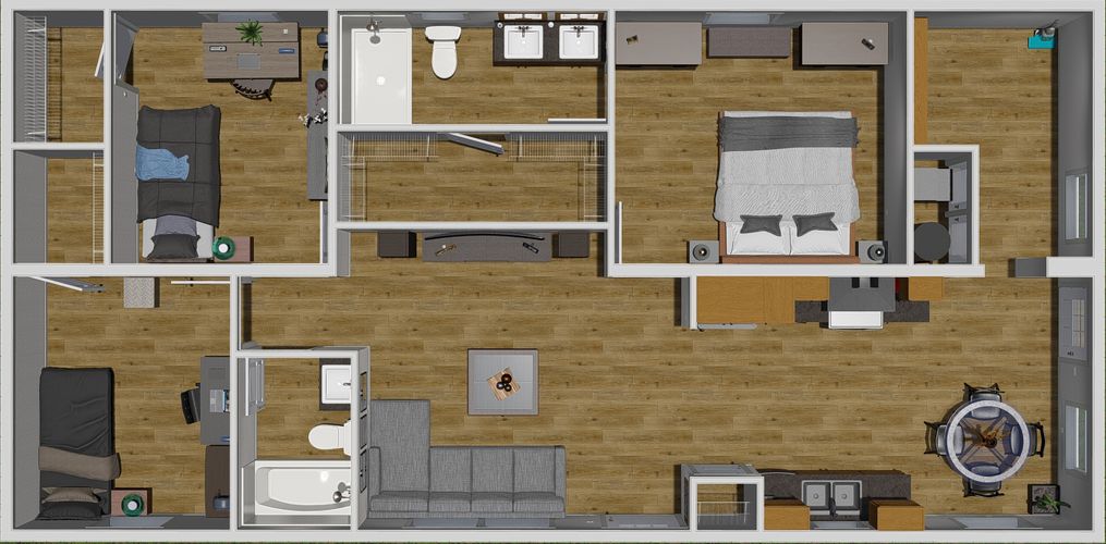 The HERE COMES THE SUN Floor Plan. This Manufactured Mobile Home features 3 bedrooms and 2 baths.