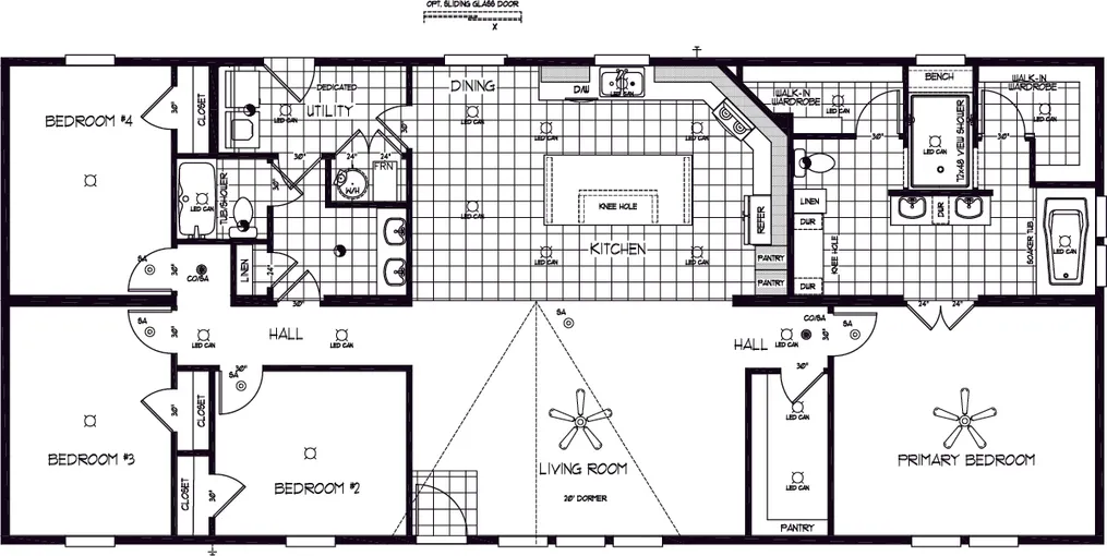 The TU3068A Floor Plan. This Manufactured Mobile Home features 4 bedrooms and 2 baths.