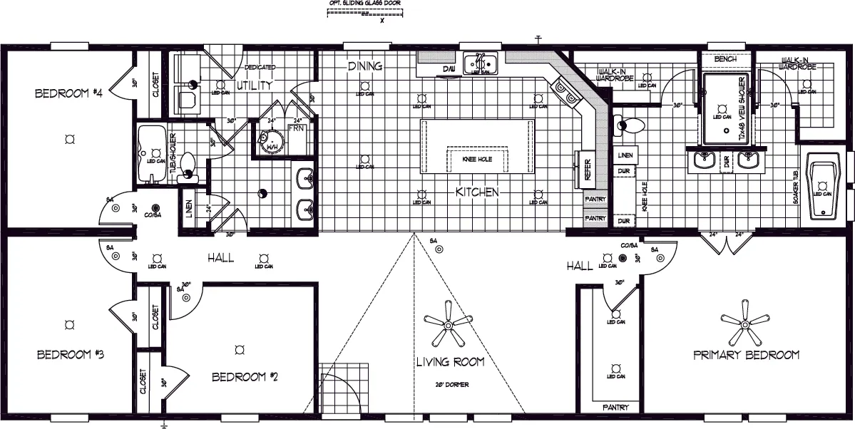 The TU3068A Floor Plan. This Manufactured Mobile Home features 4 bedrooms and 2 baths.