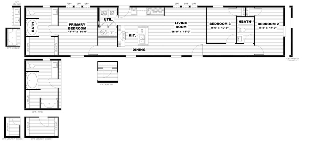The ESSENCE Floor Plan. This Manufactured Mobile Home features 3 bedrooms and 2 baths.