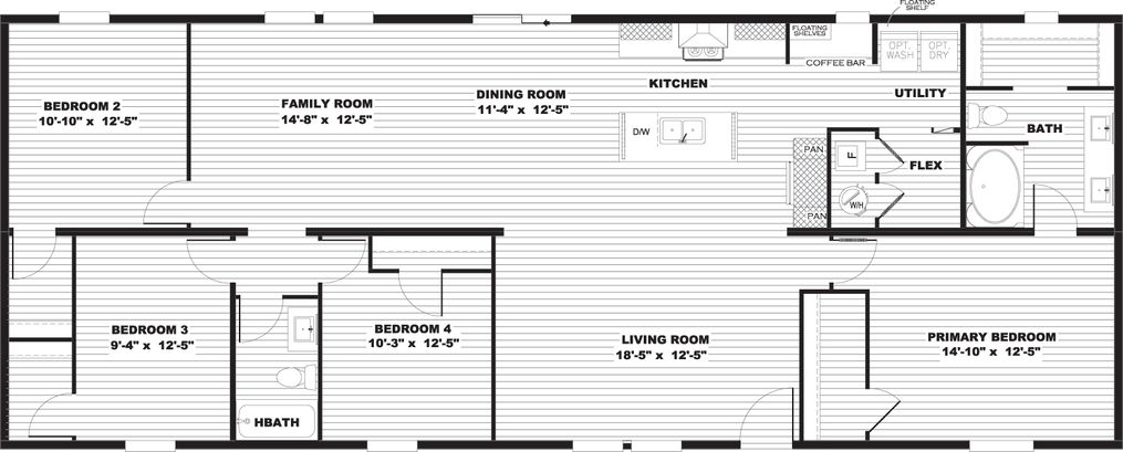 The MOROCCO 6828-2301 Floor Plan. This Manufactured Mobile Home features 4 bedrooms and 2 baths.