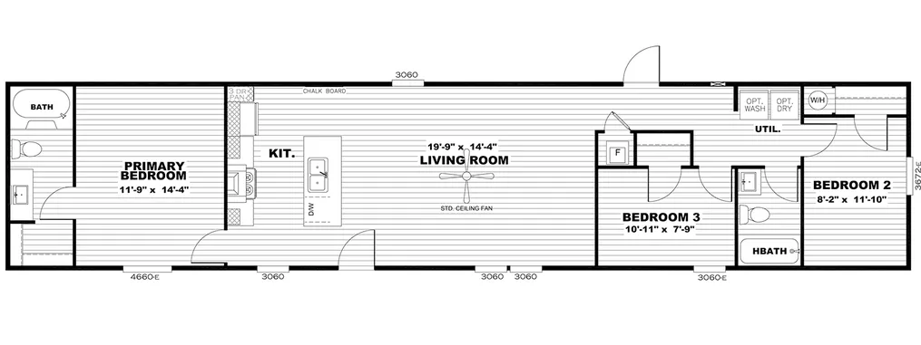 The BREEZE 16723A Floor Plan. This Manufactured Mobile Home features 3 bedrooms and 2 baths.