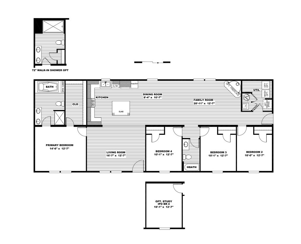 The ULTRA PRO 4 BR 28X68 Floor Plan. This Manufactured Mobile Home features 4 bedrooms and 2 baths.