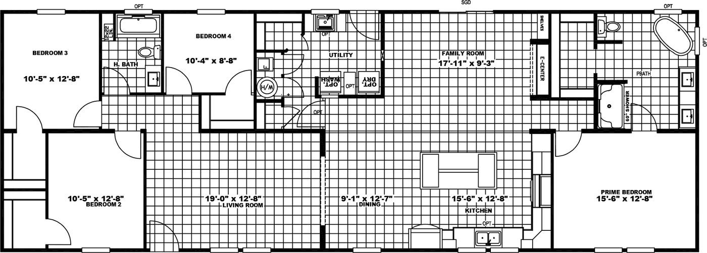 The CHAMBORD Floor Plan. This Manufactured Mobile Home features 4 bedrooms and 2 baths.