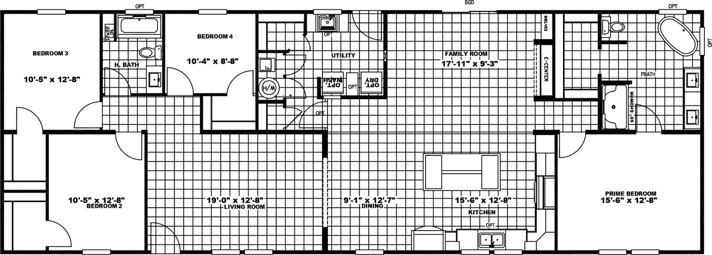 The CHAMBORD Floor Plan. This Manufactured Mobile Home features 4 bedrooms and 2 baths.