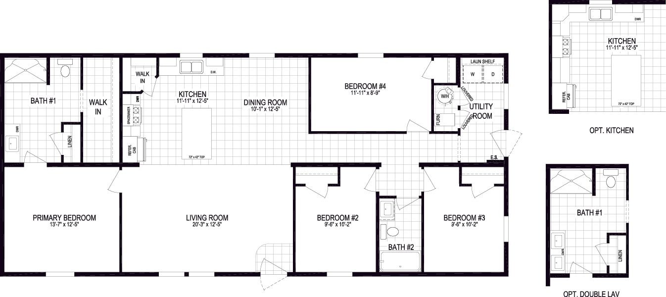The 6028-MS067-3 HUNTINGTON Floor Plan. This Manufactured Mobile Home features 4 bedrooms and 2 baths.