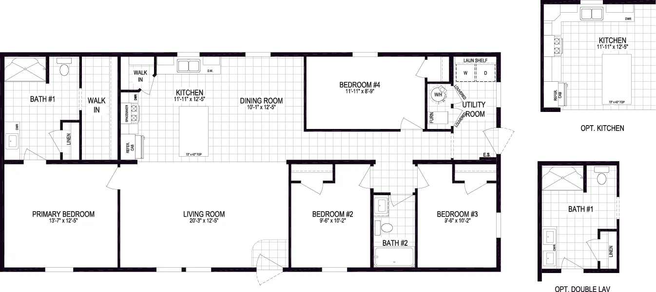 The 6028-MS067-3 HUNTINGTON Floor Plan. This Manufactured Mobile Home features 4 bedrooms and 2 baths.