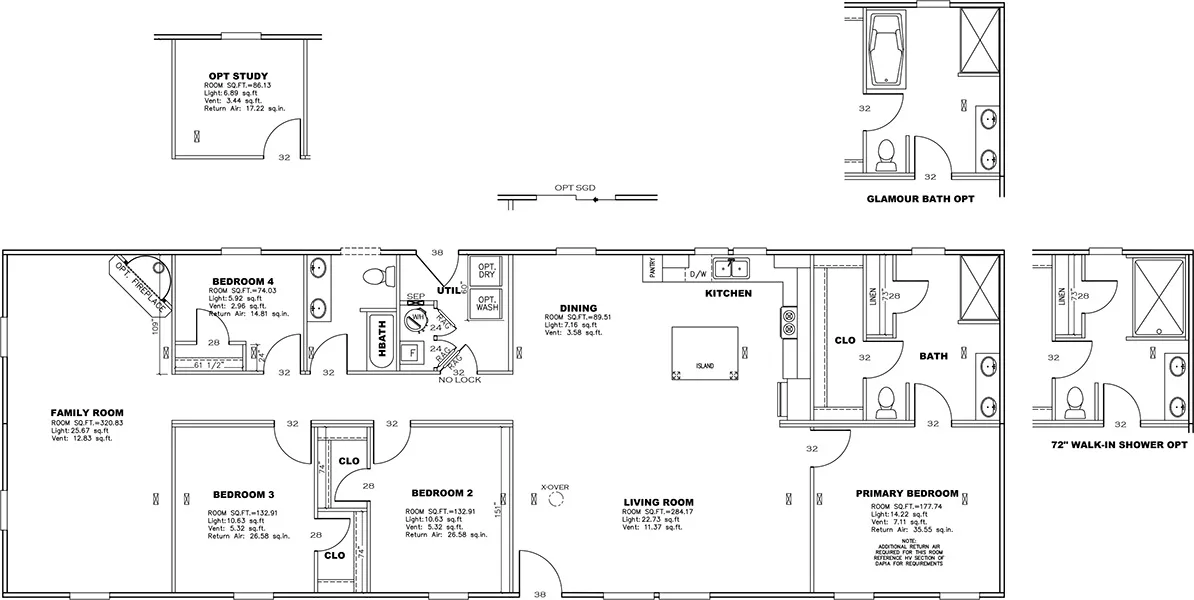The ULTRA BREEZE 28X76 Floor Plan. This Manufactured Mobile Home features 4 bedrooms and 2 baths.