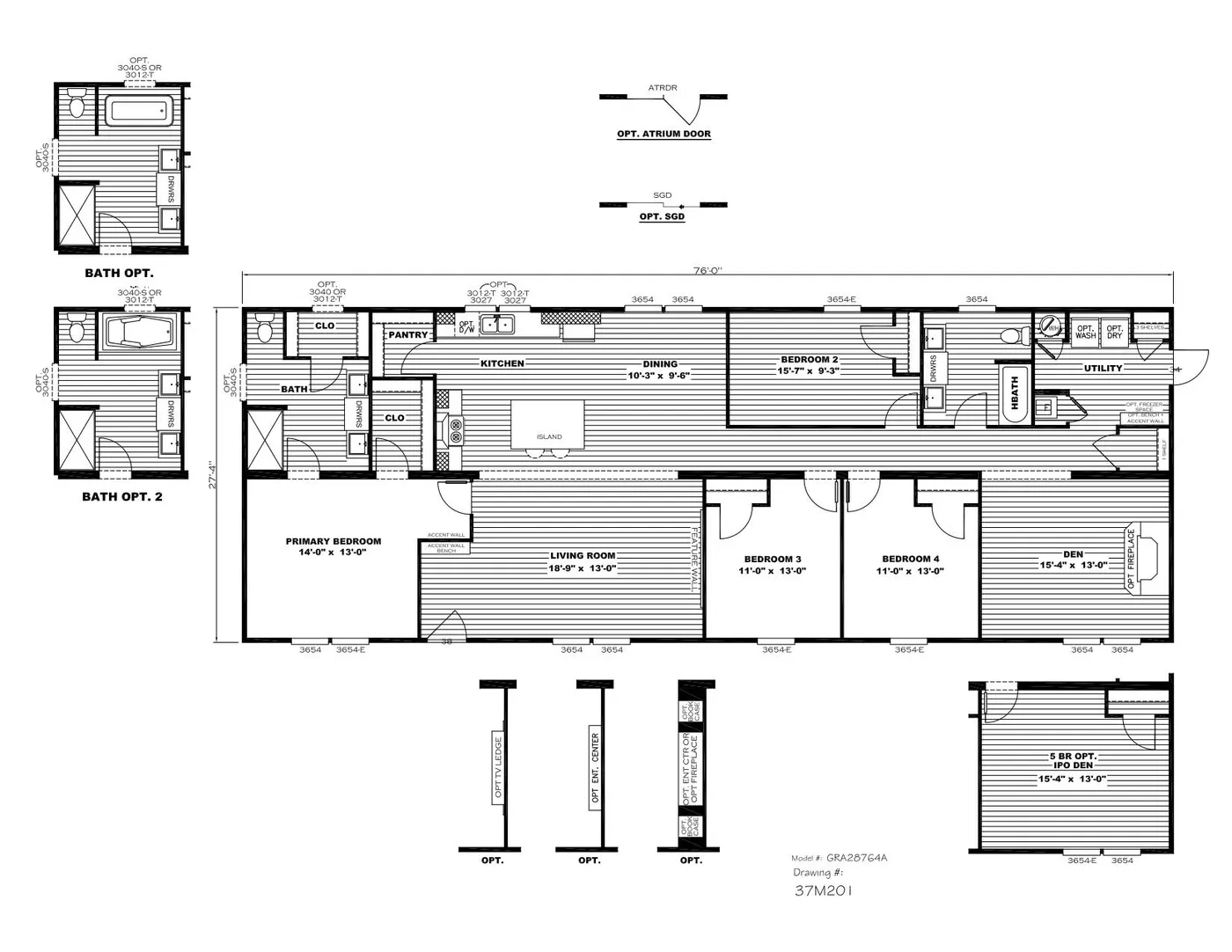 The GRAND LIVING 76 Floor Plan. This Manufactured Mobile Home features 4 bedrooms and 2 baths.