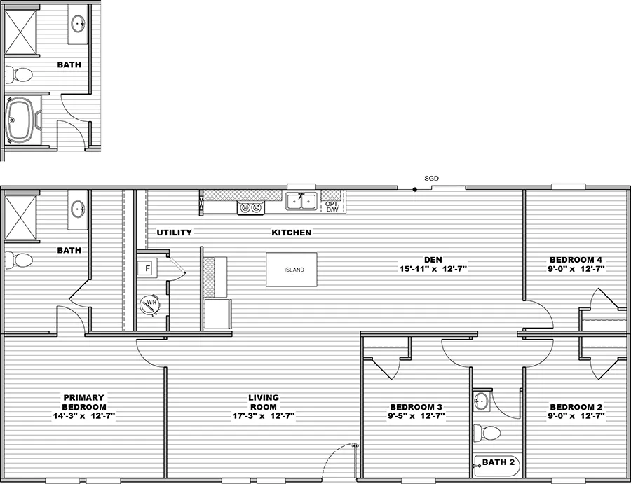 The OAK Floor Plan. This Manufactured Mobile Home features 4 bedrooms and 2 baths.
