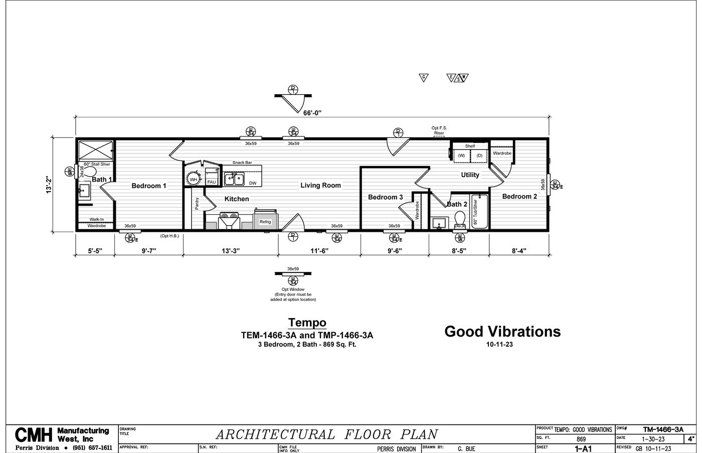 The GOOD VIBRATIONS Floor Plan. This Manufactured Mobile Home features 3 bedrooms and 2 baths.