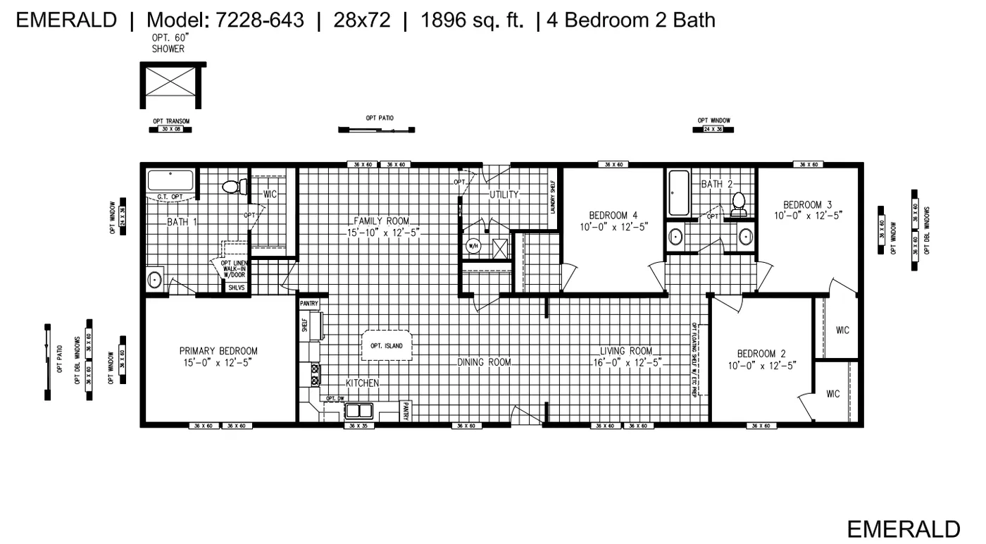 The EMERALD 7228-643 Floor Plan. This Manufactured Mobile Home features 4 bedrooms and 2 baths.