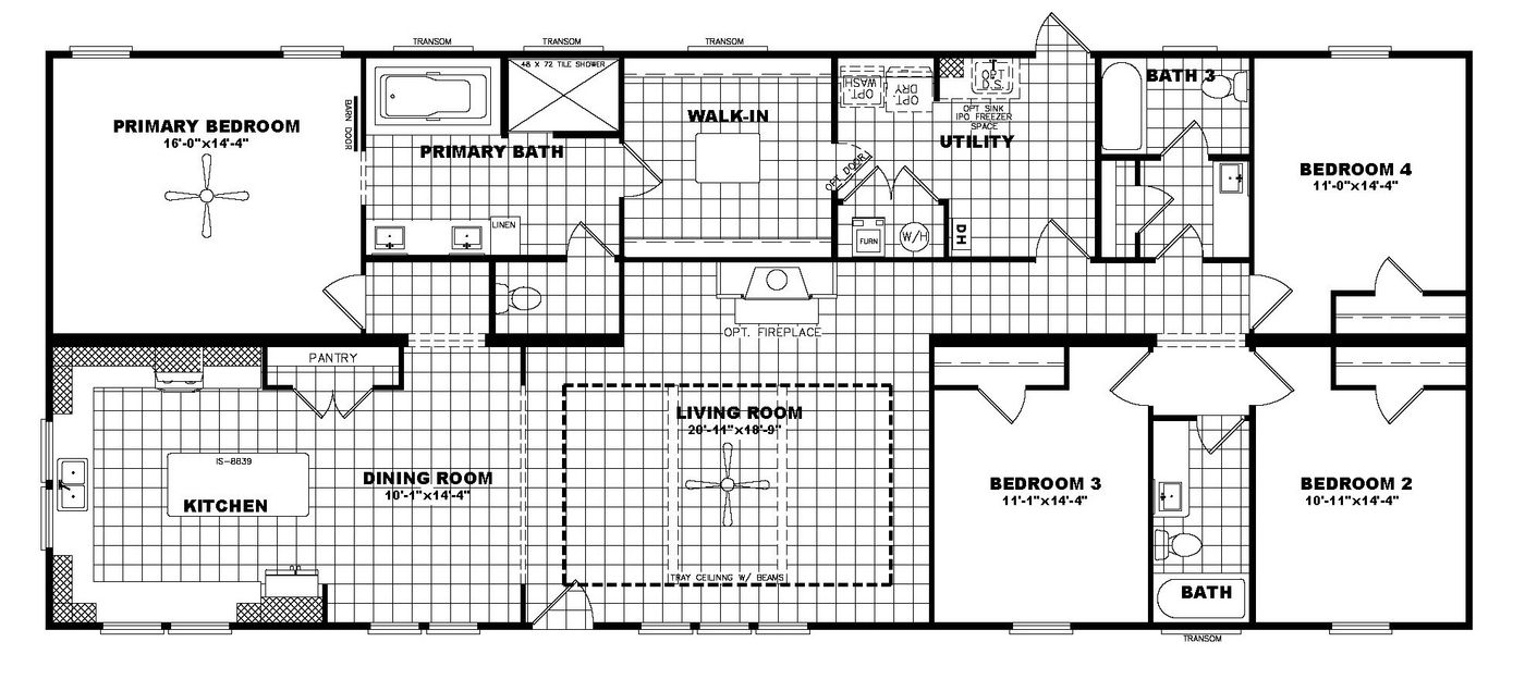 The THE OLYMPUS Floor Plan. This Manufactured Mobile Home features 4 bedrooms and 3 baths.