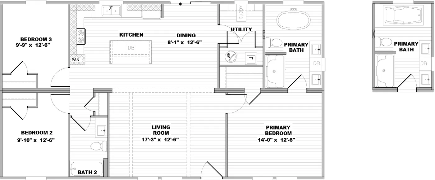 The SAWYER Floor Plan. This Manufactured Mobile Home features 3 bedrooms and 2 baths.