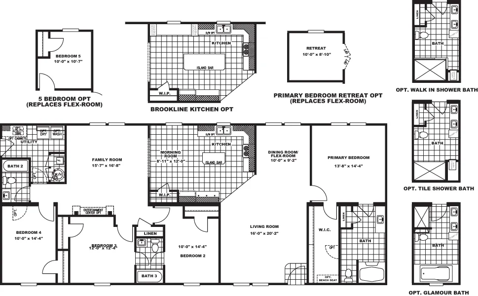 The BROOKLINE FLEX 32 WIDE Floor Plan. This Manufactured Mobile Home features 4 bedrooms and 3 baths.