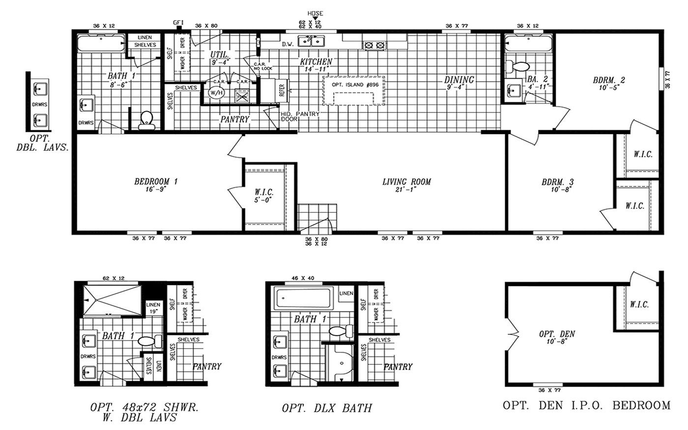 The 2024 COLUMBIA RIVER (NEW) Floor Plan. This Manufactured Mobile Home features 3 bedrooms and 2 baths.