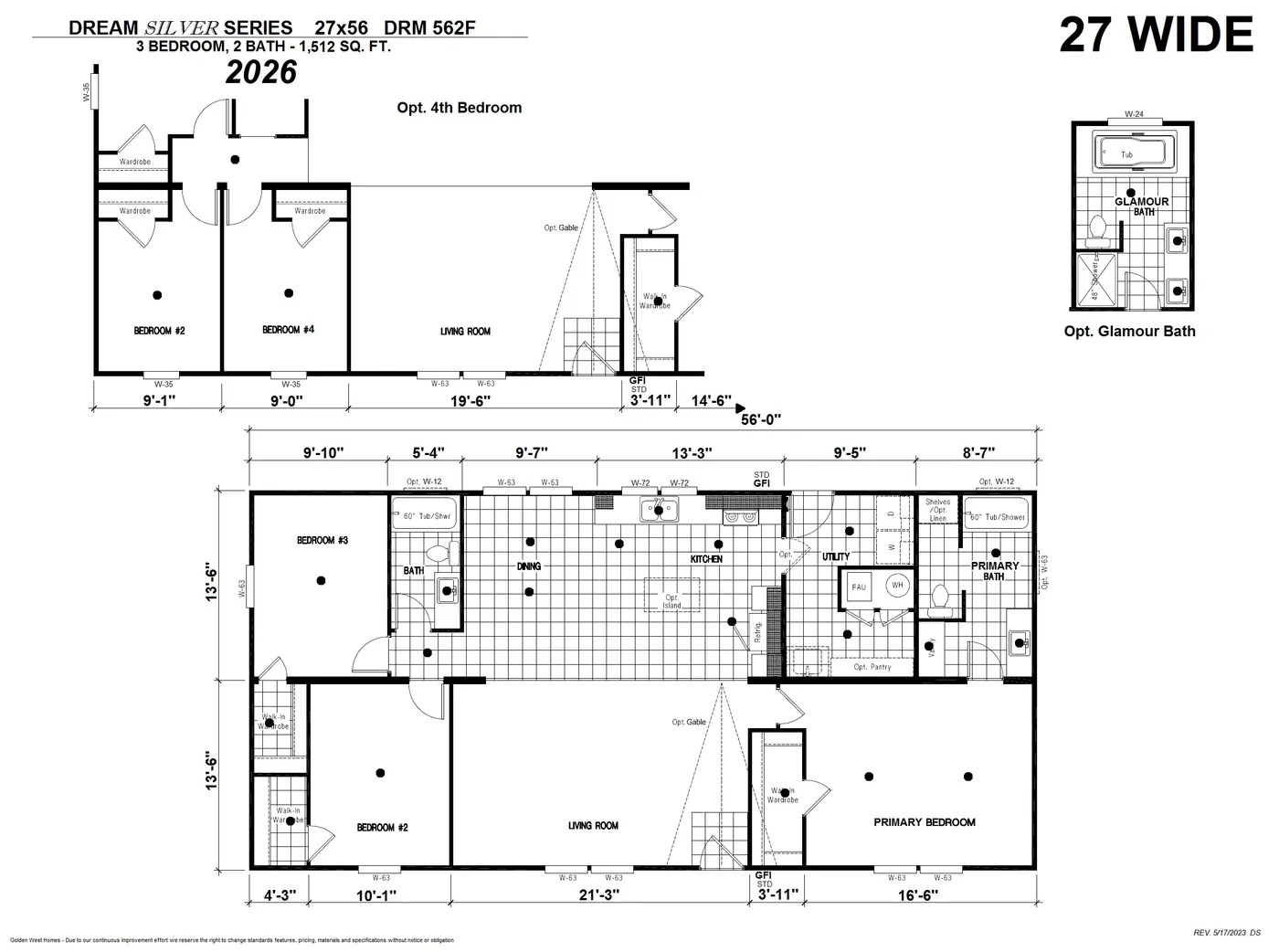 The DRM562F 56'              DREAM Floor Plan. This Manufactured Mobile Home features 3 bedrooms and 2 baths.