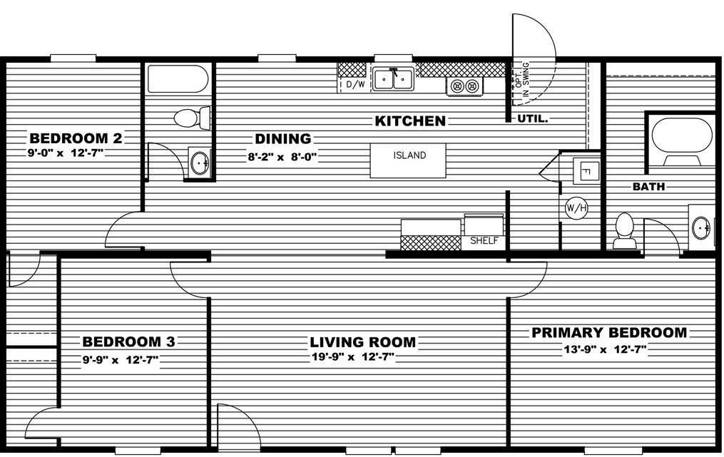 The SATISFACTION Floor Plan. This Manufactured Mobile Home features 3 bedrooms and 2 baths.