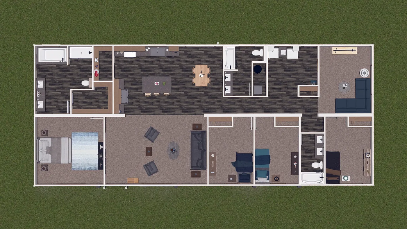 The FARM 4 FLEX ELITE Floor Plan. This Manufactured Mobile Home features 4 bedrooms and 3 baths.