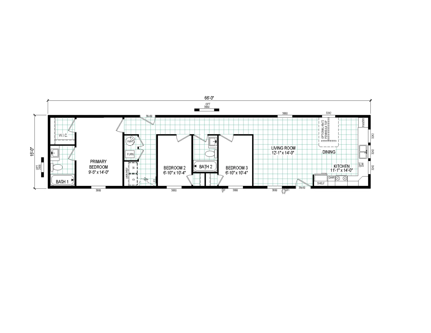 The 6616-4203 ADRENALINE Floor Plan. This Manufactured Mobile Home features 3 bedrooms and 2 baths.