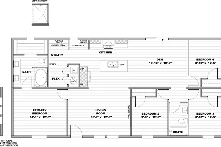 The BOONE Floor Plan. This Manufactured Mobile Home features 4 bedrooms and 2 baths.
