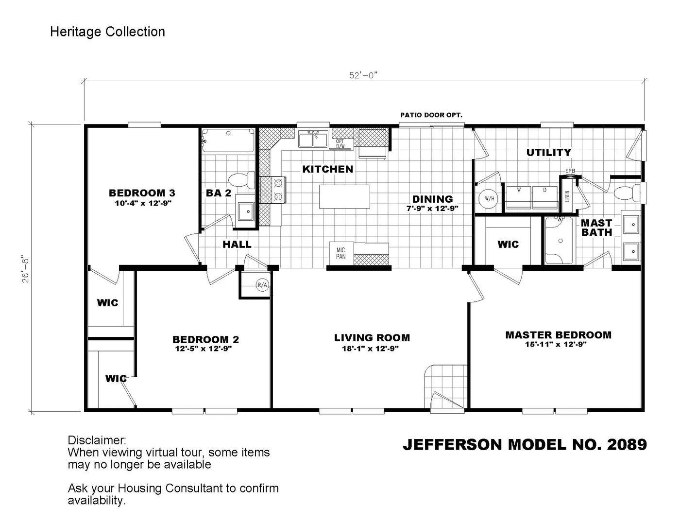 The 2089 52X28 3+2 HERITAGE Floor Plan. This Manufactured Mobile Home features 3 bedrooms and 2 baths.