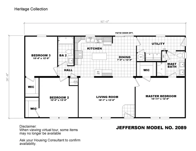 The 2089 52X28 3+2 HERITAGE Floor Plan. This Manufactured Mobile Home features 3 bedrooms and 2 baths.