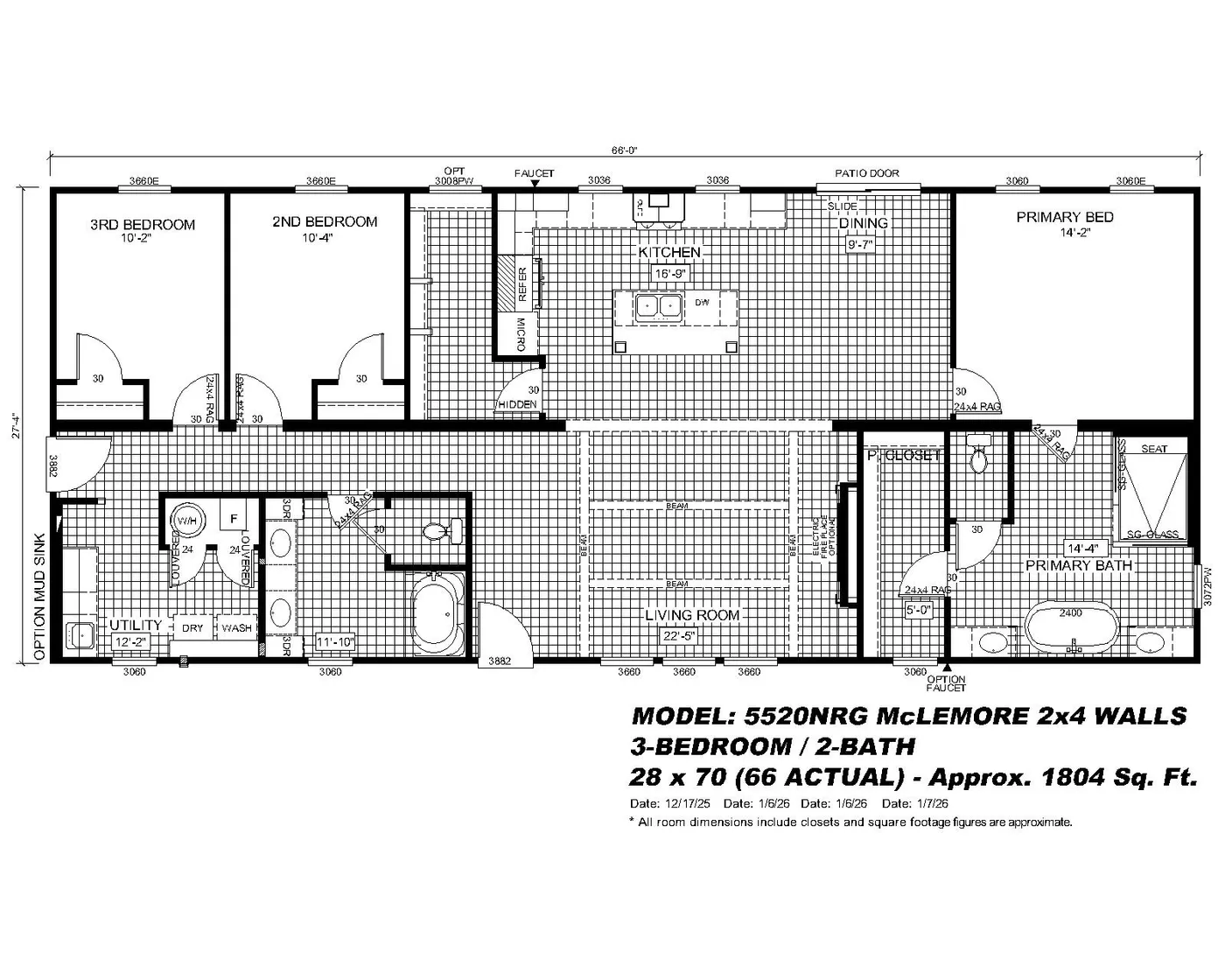 The THE MCLEMORE Floor Plan. This Manufactured Mobile Home features 3 bedrooms and 2 baths.