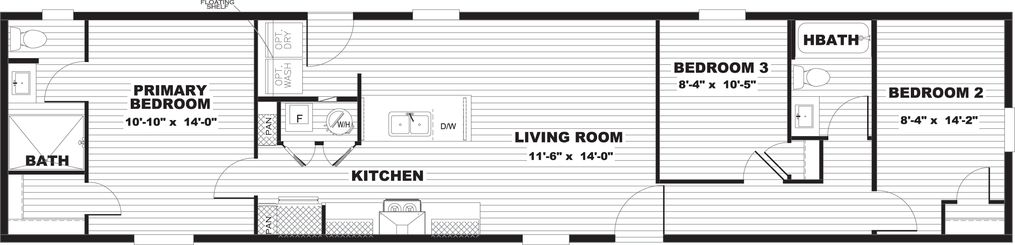 The CLARK   16X66 Floor Plan. This Manufactured Mobile Home features 3 bedrooms and 2 baths.