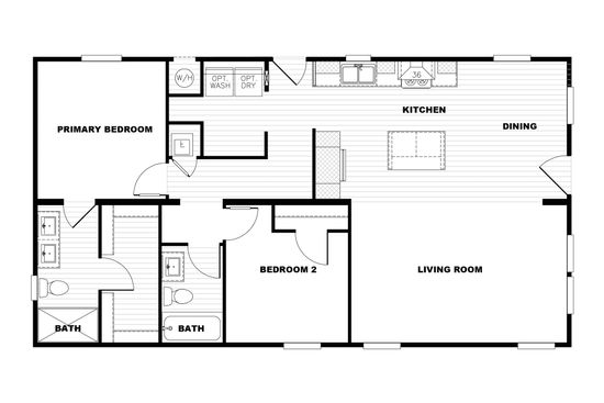 The TEM2444-2A RISING SUN Floor Plan. This Manufactured Mobile Home features 2 bedrooms and 2 baths.